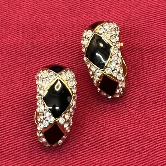 VTG Kenneth Lane Gold-Tone, Black Enamel & Clear Crystal Clip Earrings - Picture 1 of 16